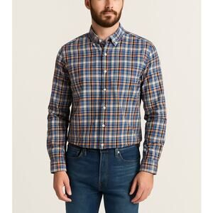 Billy Reid SZ XL Standard Cut White Blue Orange Brown Plaid Button Down Shirt